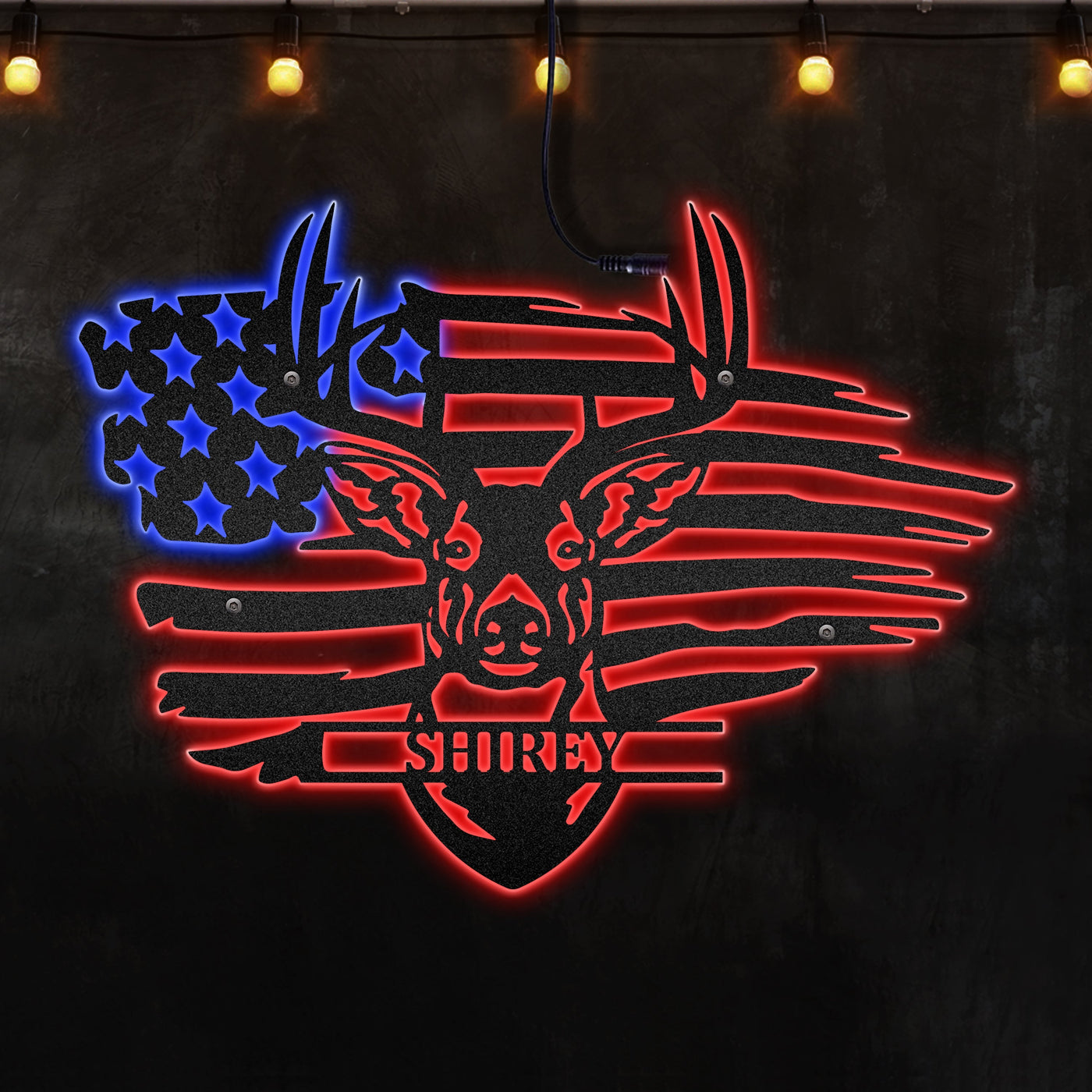 12"x12" Deer Head American Flag Personalized - Led Light Metal - Owls Matrix LTD