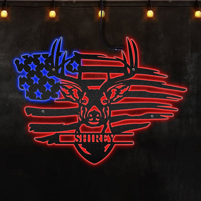 12"x12" Deer Head American Flag Personalized - Led Light Metal - Owls Matrix LTD