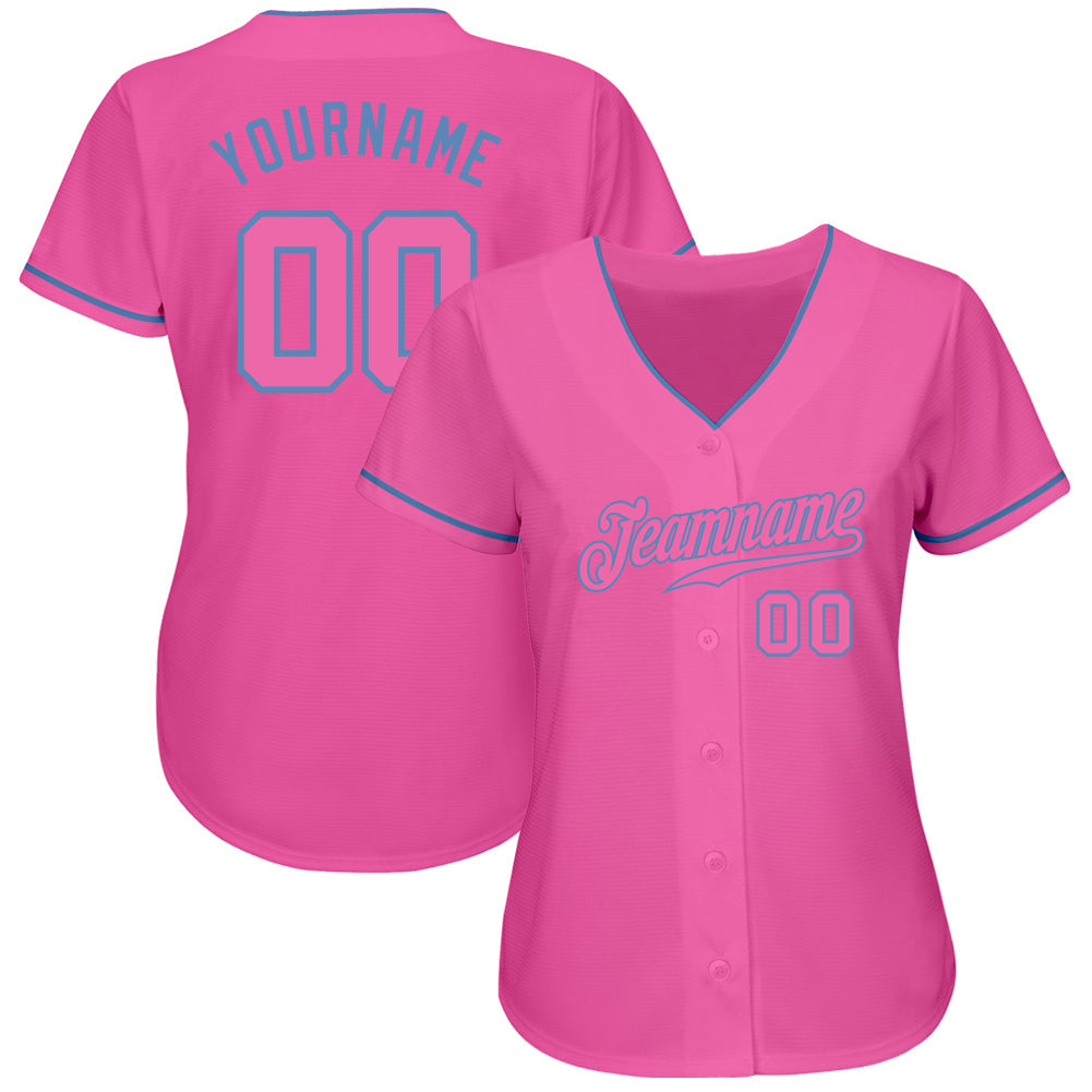 Custom Pink Pink-Light Blue Authentic Baseball Jersey