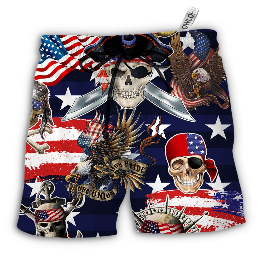 Beach Short / Adults / S Pirate Skeleton America Independence Day - Beach Short - Owls Matrix LTD