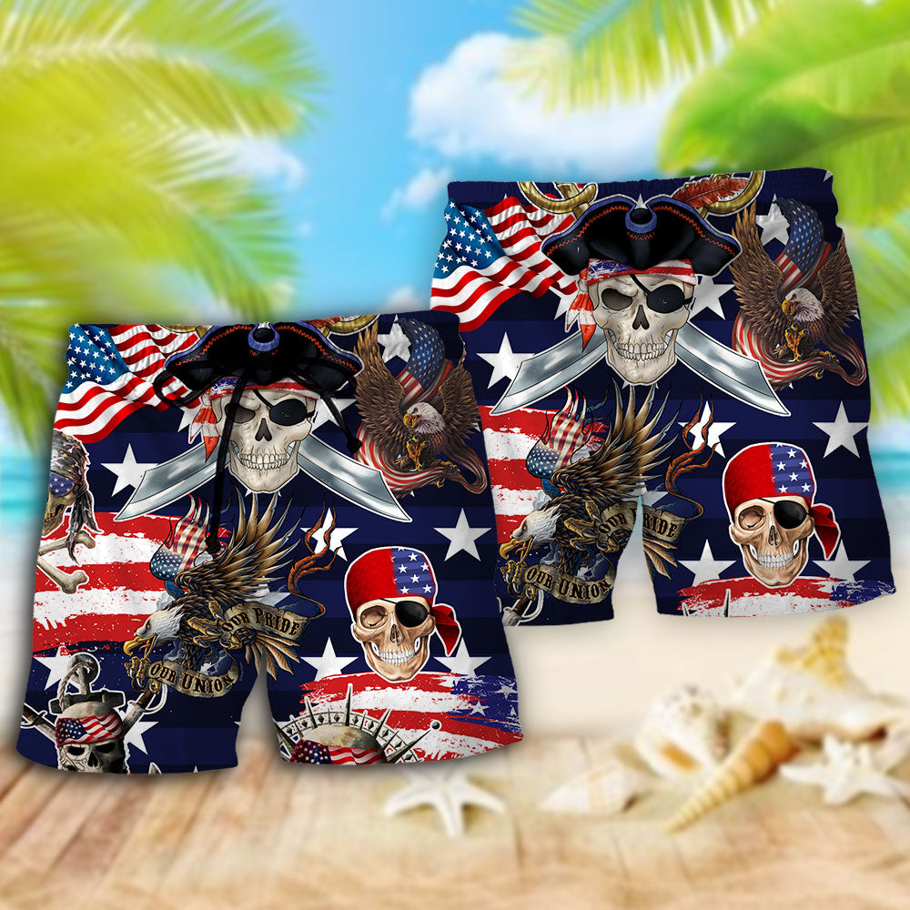Pirate Skeleton America Independence Day - Beach Short - Owls Matrix LTD