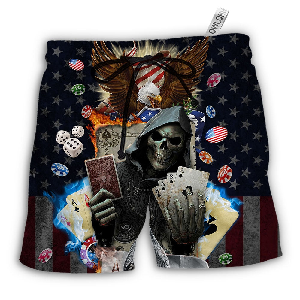 Beach Short / Adults / S Poker Skull Flame US Flag Independence Day - Beach Short - Owls Matrix LTD