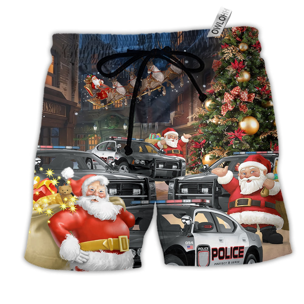 Beach Short / Adults / S Police Car Santa Merry Christmas - Beach Short - Owls Matrix LTD