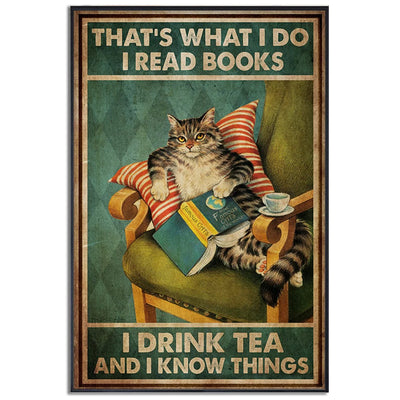 12x18 Inch Cat Read Books Drink Tea - Vertical Poster - Owls Matrix LTD