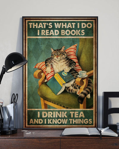 Cat Read Books Drink Tea - Vertical Poster - Owls Matrix LTD