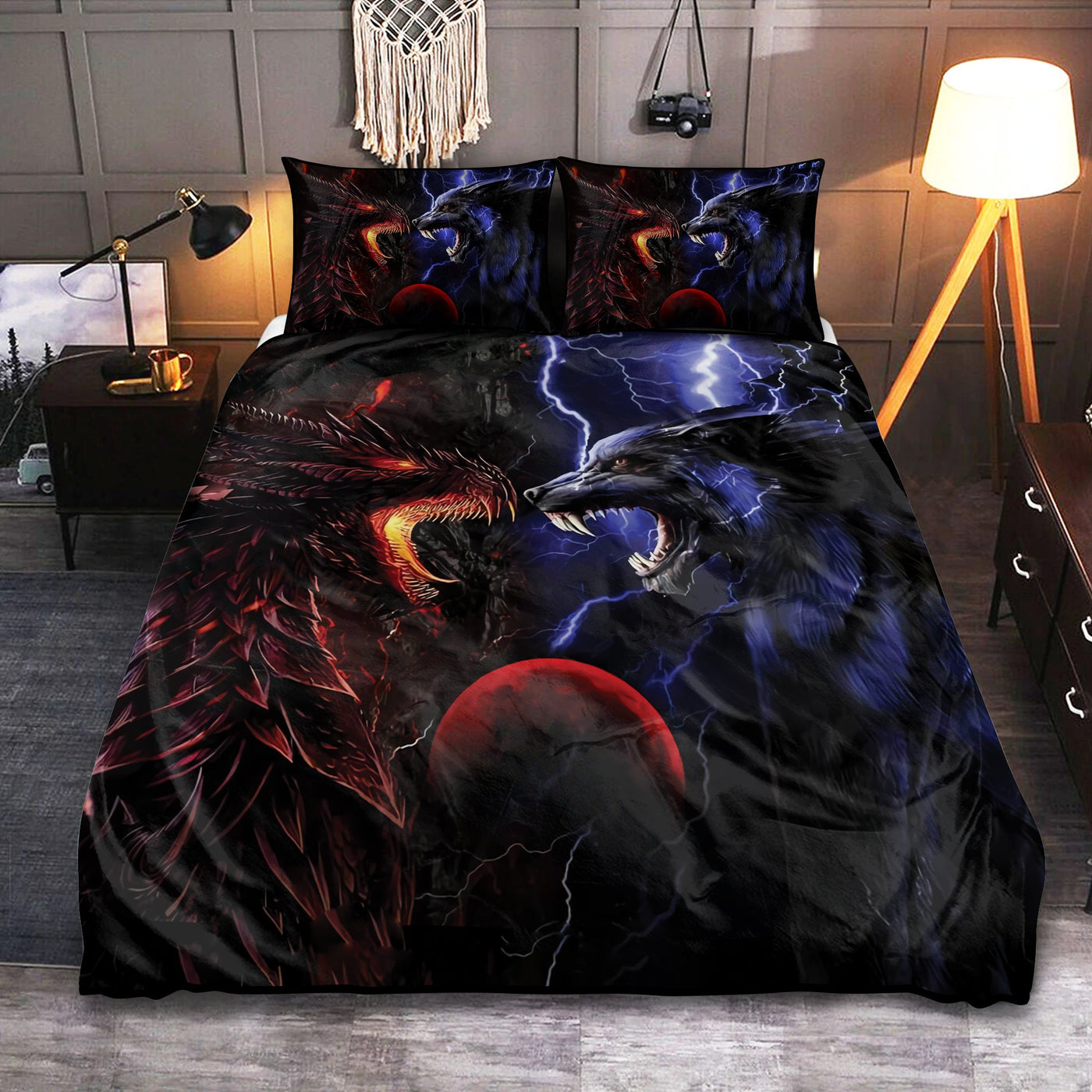 Dragon And Wolf Red And Blue - Bedding Cover - Owls Matrix LTD