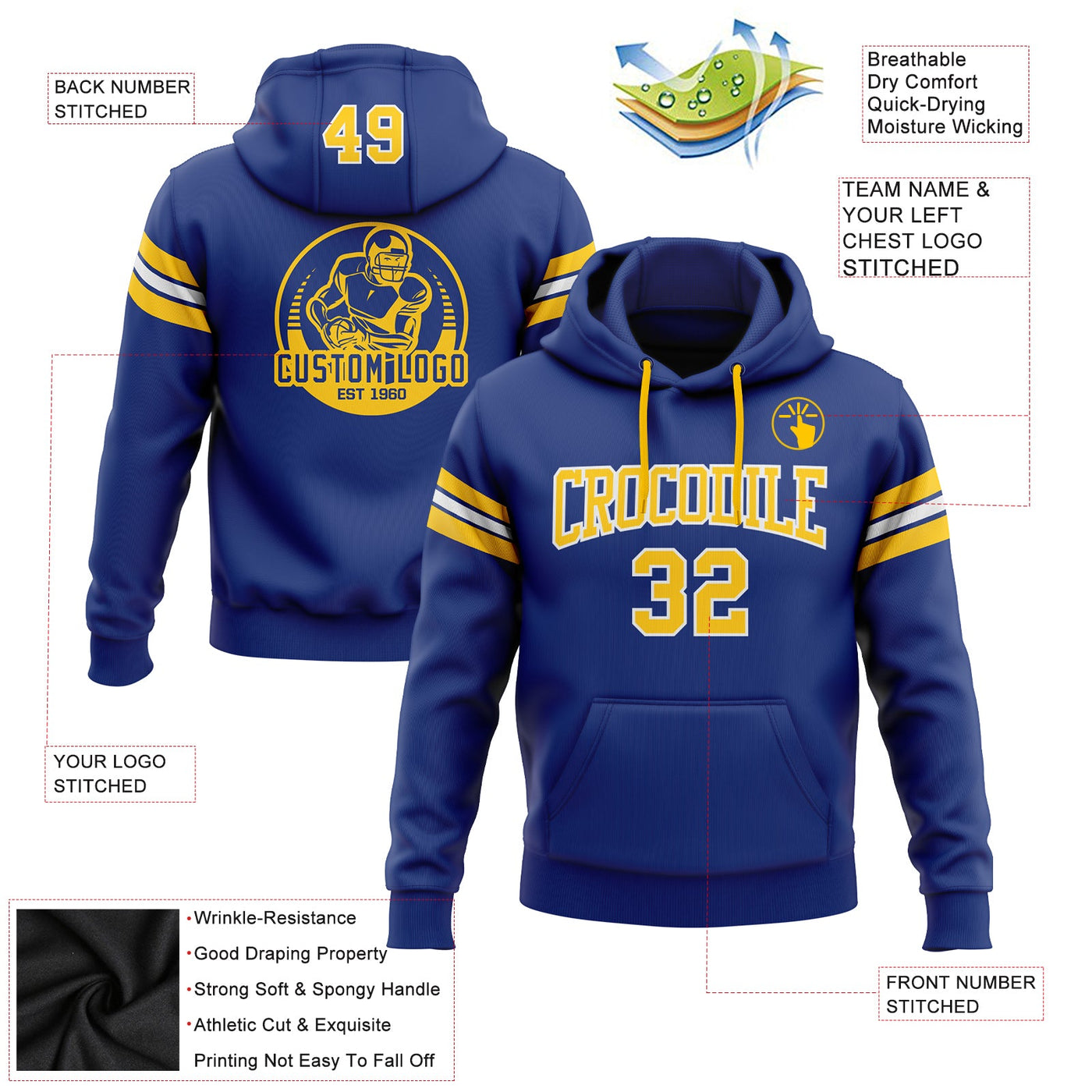 Custom Stitched Royal Gold-White Football Pullover Sweatshirt Hoodie
