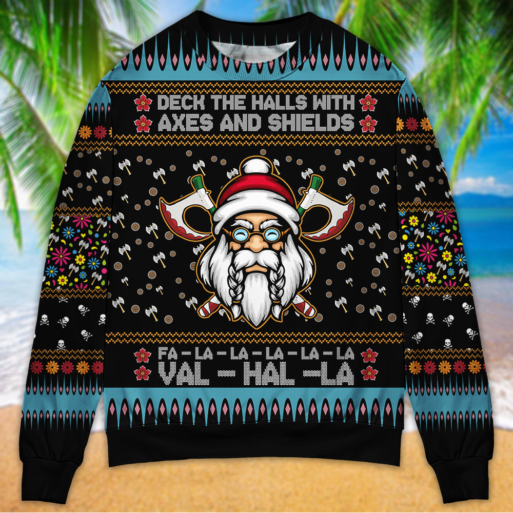 Viking Christmas Deck The Halls With Axes And Shields - Sweater - Ugly Christmas Sweaters - Owls Matrix LTD