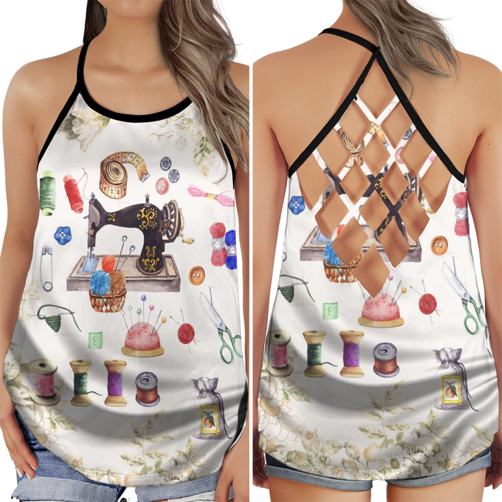 S Sewing Is My Life My Color - Cross Open Back Tank Top - Owls Matrix LTD