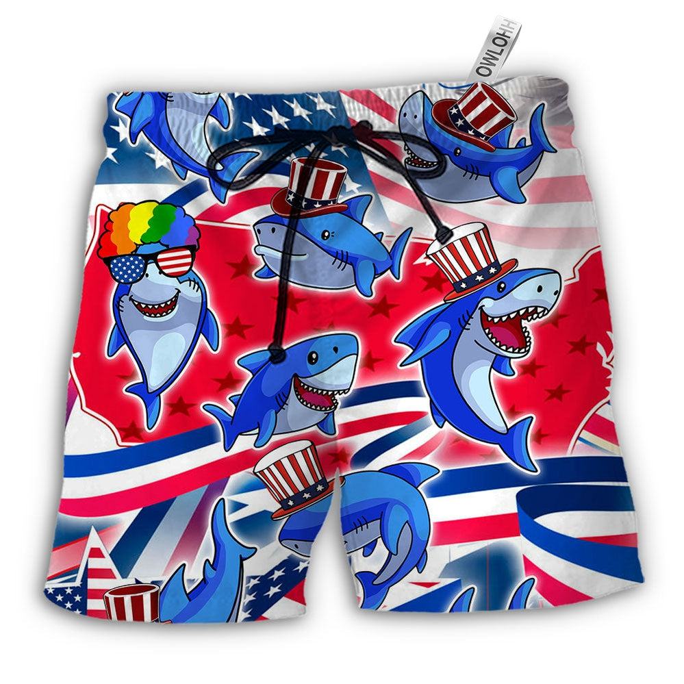 Beach Short / Adults / S Shark Funny USA Flag Independence Day - Beach Short - Owls Matrix LTD
