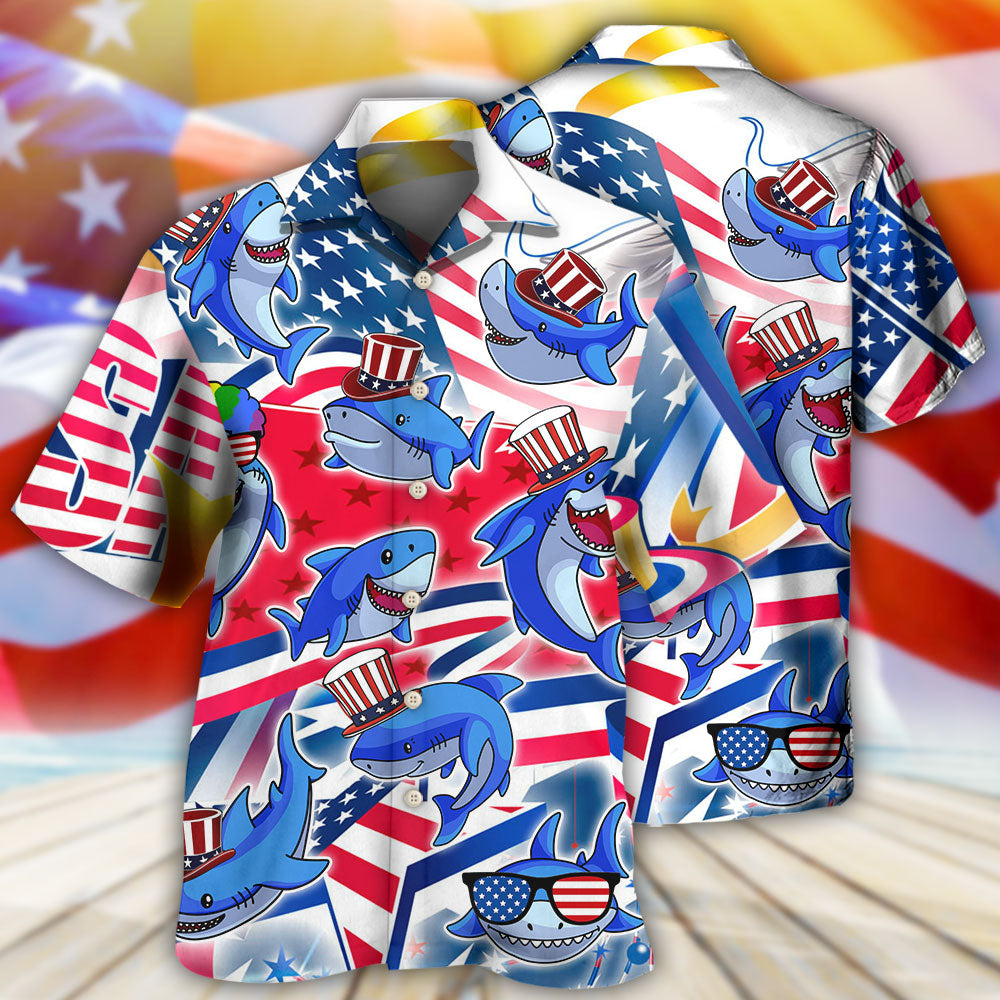 Shark Funny USA Flag Independence Day - Hawaiian Shirt - Owls Matrix LTD