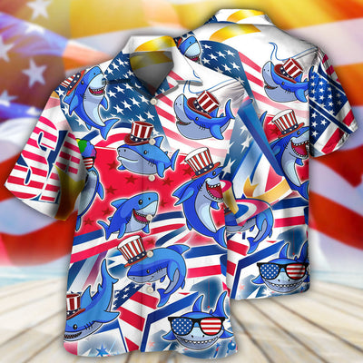 Shark Funny USA Flag Independence Day - Hawaiian Shirt - Owls Matrix LTD