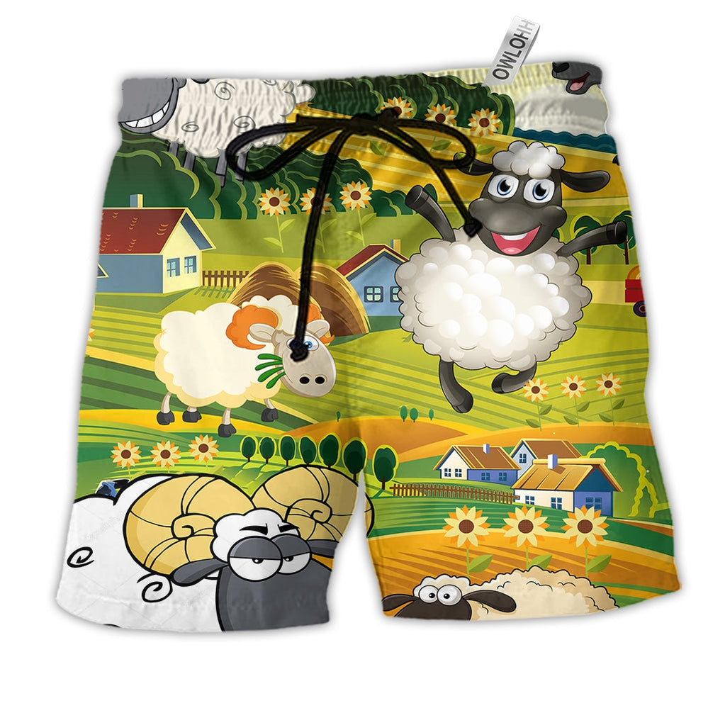 Beach Short / Adults / S Sheep Happiness Beautiful Landscape - Beach Short - Owls Matrix LTD