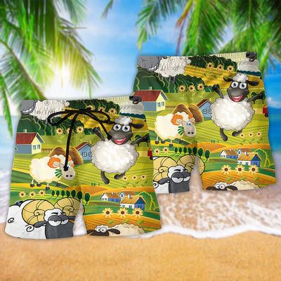 Sheep Happiness Beautiful Landscape - Beach Short - Owls Matrix LTD