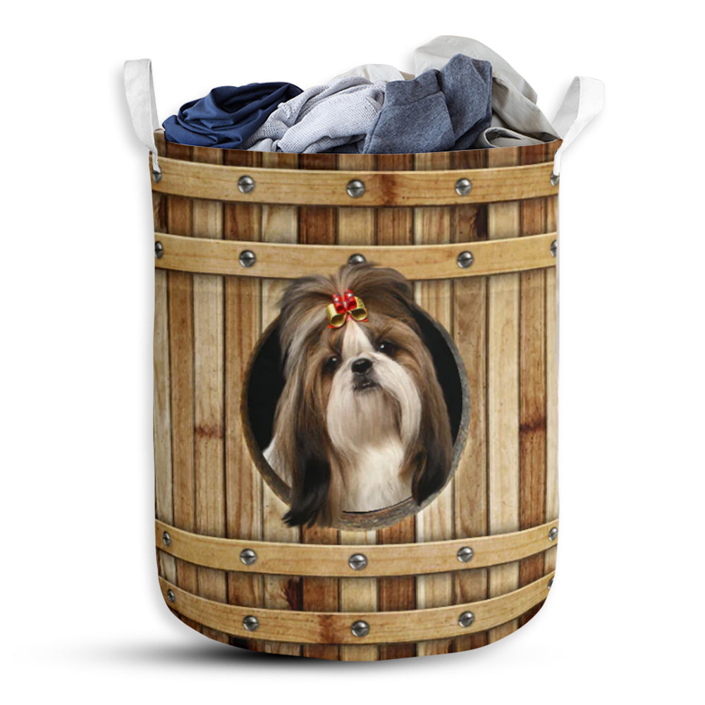 Shih Tzu - Wooden Barrel - Laundry Basket - Owls Matrix LTD