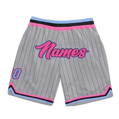 Custom Silver Gray Black Pinstripe Pink-Light Blue Authentic Basketball Shorts
