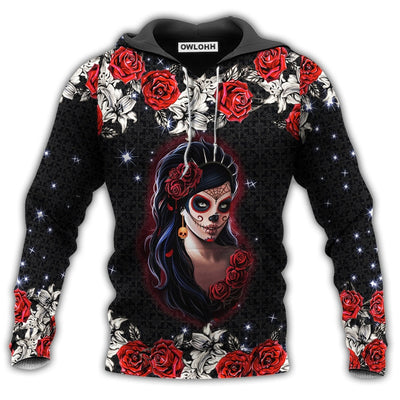 Unisex Hoodie / S Skull Girl Loves Red Rose Black And Red - Hoodie - Owls Matrix LTD