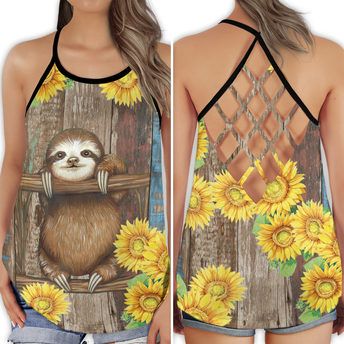 S Sloth Love Sunflower So Cute - Cross Open Back Tank Top - Owls Matrix LTD