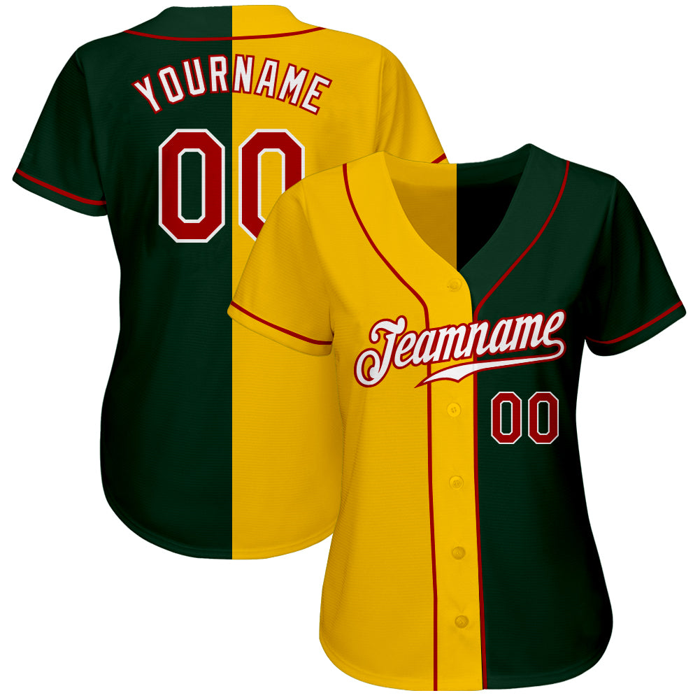 Custom Green Red-Gold Authentic Split Fashion Baseball Jersey