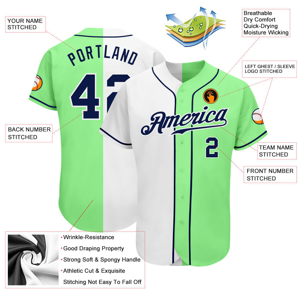 Custom Pea Green Navy-White Authentic Split Fashion Baseball Jersey - Owls Matrix LTD