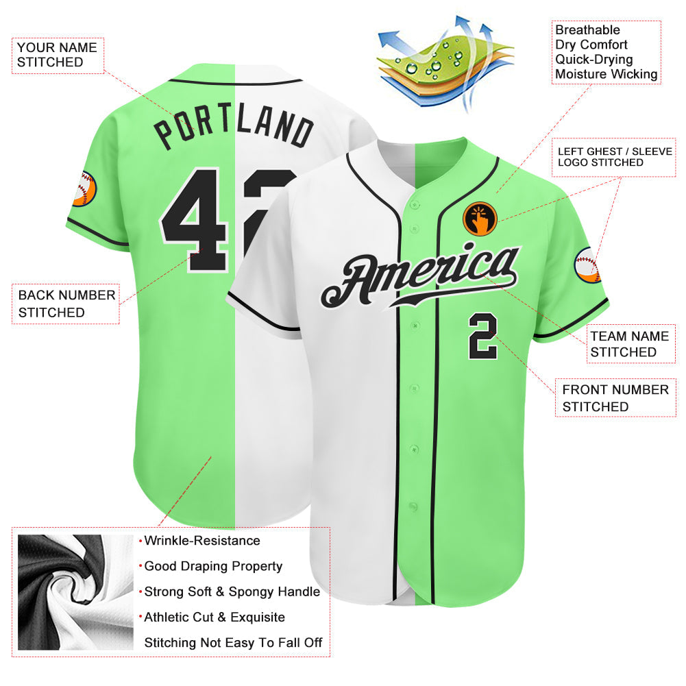 Custom Pea Green Black-White Authentic Split Fashion Baseball Jersey - Owls Matrix LTD