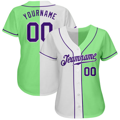 Custom Pea Green Purple-White Authentic Split Fashion Baseball Jersey - Owls Matrix LTD