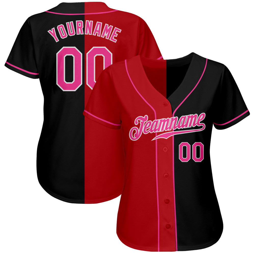 Custom Black Pink Red-White Authentic Split Fashion Baseball Jersey - Owls Matrix LTD