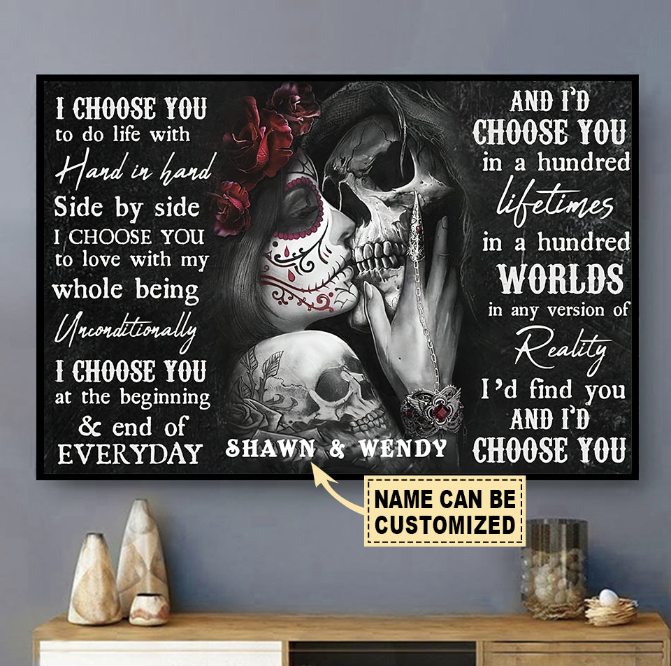 Sugar Skull Couple I Choose You Couple Gift With Black and White Style Personalized - Horizontal Poster - Owls Matrix LTD
