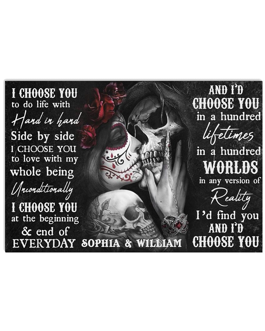 Sugar Skull Couple I Choose You Couple Gift With Black and White Style Personalized - Horizontal Poster - Owls Matrix LTD