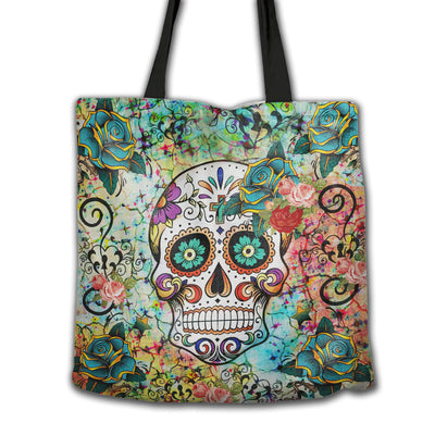 16''x16'' Sugar Skull Paisley Colorful Flower Skull - Tote Bag - Owls Matrix LTD