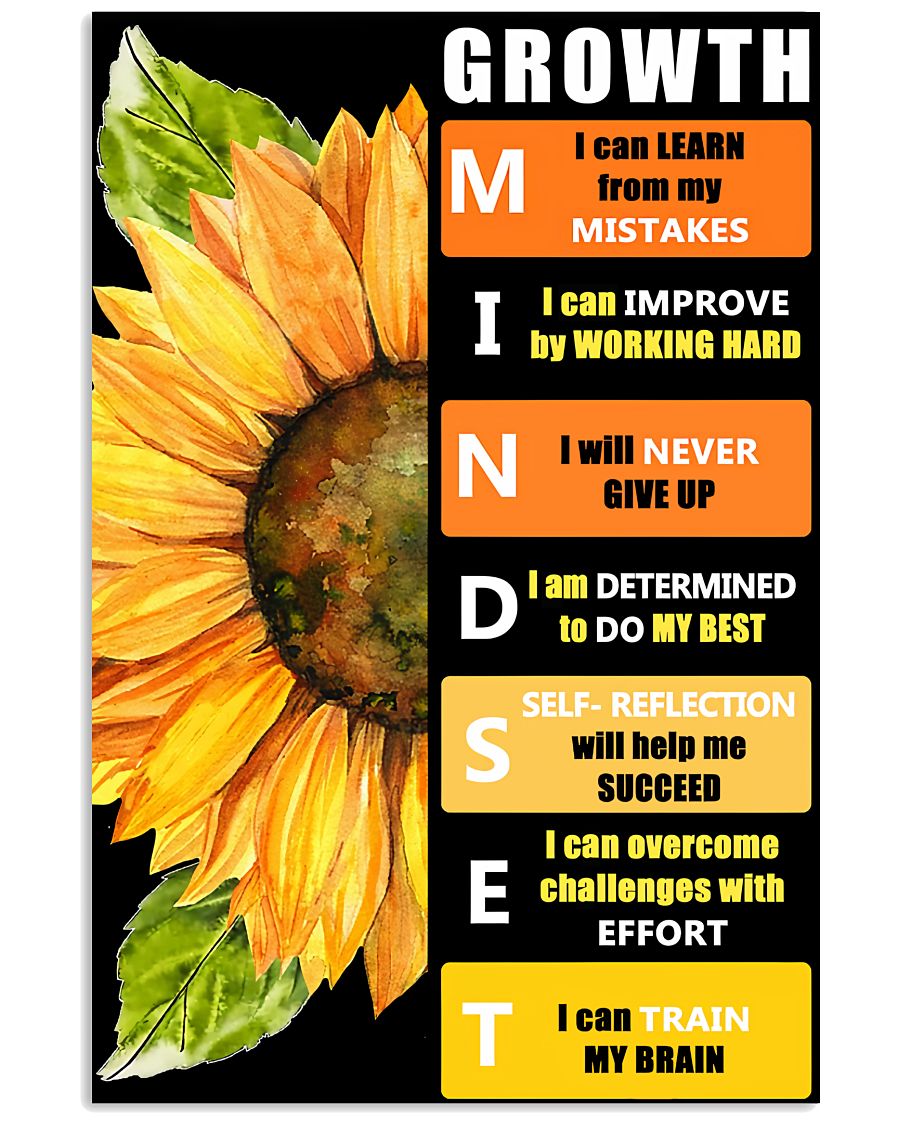 12x18 Inch Teacher Sunflower Growth Mindset - Vertical Poster - Owls Matrix LTD