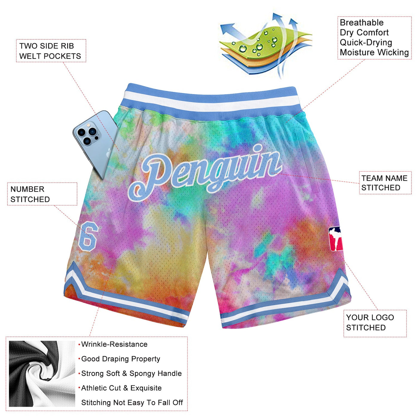 Custom Tie Dye Light Blue-White 3D Pattern Design Authentic Basketball Shorts