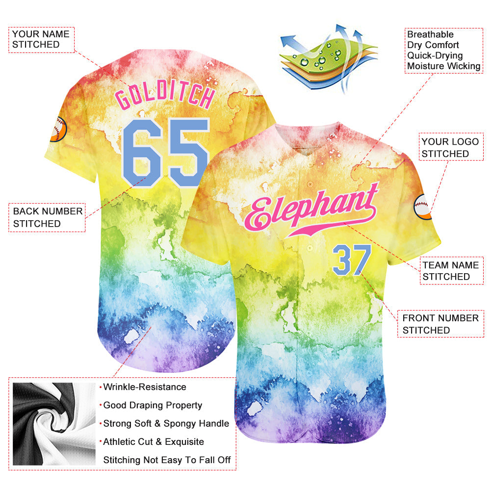 Custom Tie Dye Light Blue-Pink 3D Rainbow Authentic Baseball Jersey - Owls Matrix LTD