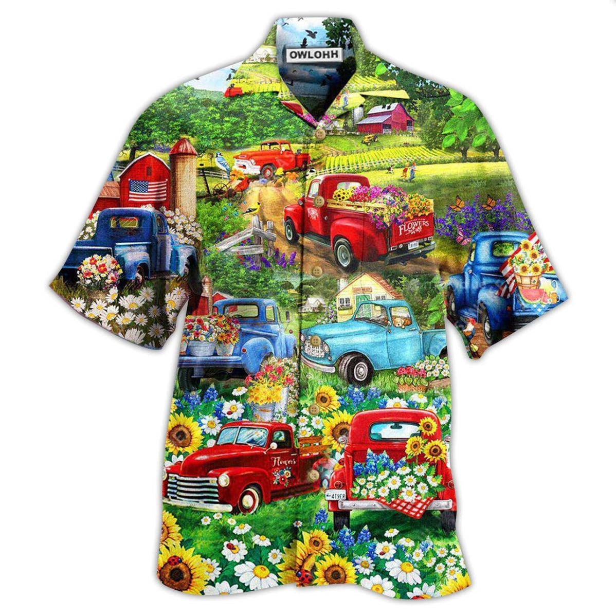 Hawaiian Shirt / Adults / S Truck Flower Pickup In The Flower Field - Hawaiian Shirt - Owls Matrix LTD