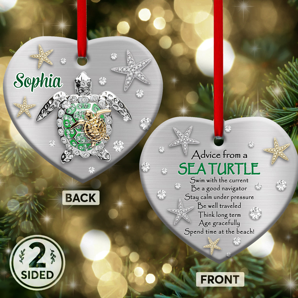 Turtle Advice From A Sea Turtle Style Personalized - Heart Ornament - Owls Matrix LTD