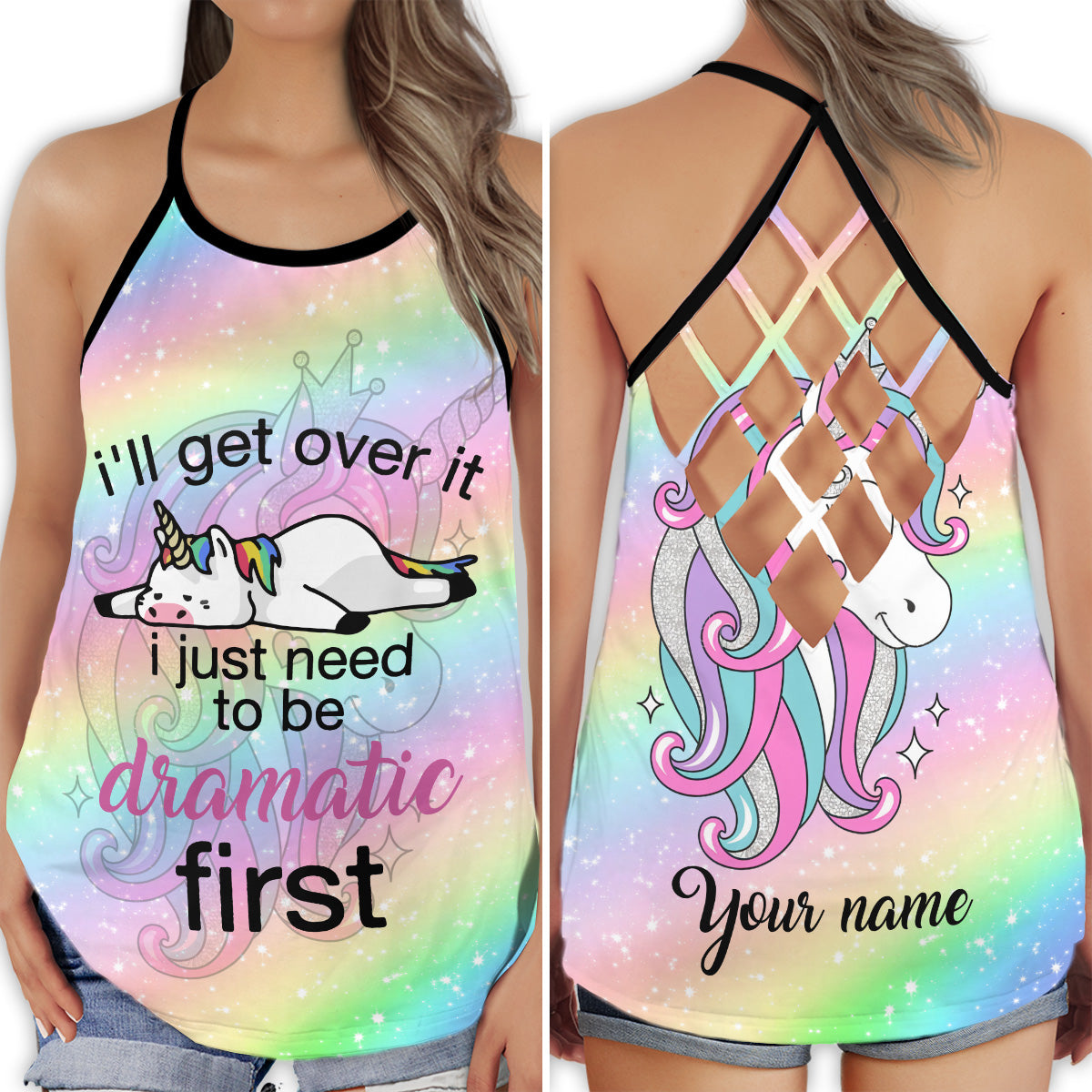 S Unicorn I Just Need To Be Dramatic First Personalized - Cross Open Back Tank Top - Owls Matrix LTD