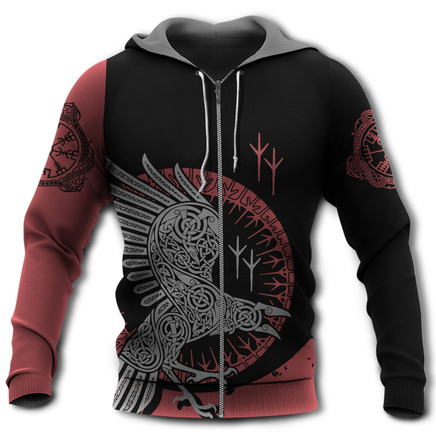 Zip Hoodie / S Viking Raven With Black And Red - Hoodie - Owls Matrix LTD