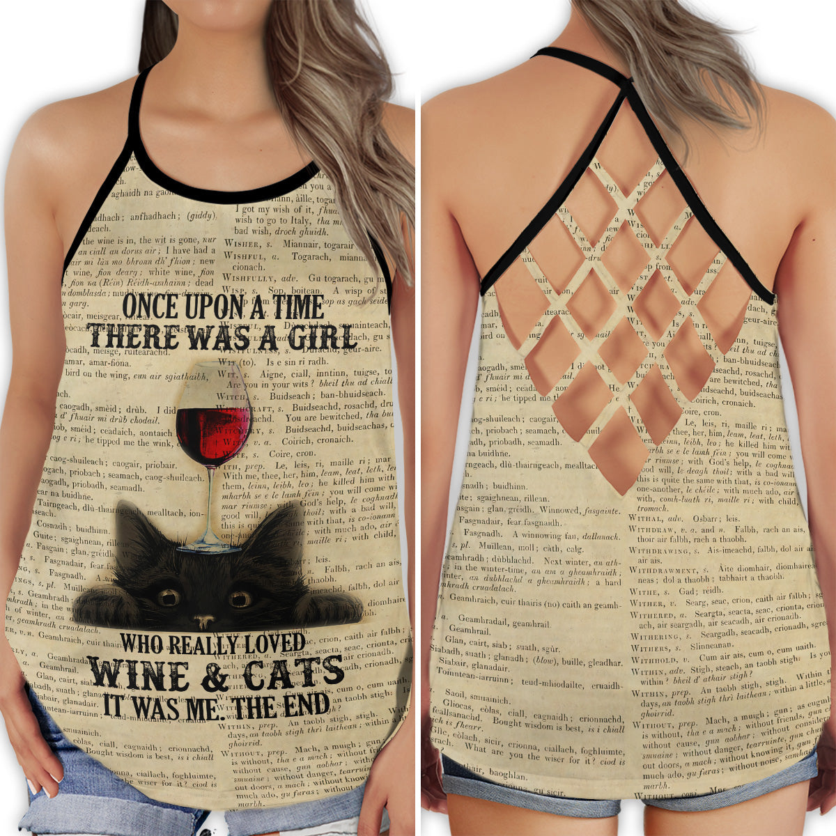 S Wine So Good Cat Style - Cross Open Back Tank Top - Owls Matrix LTD