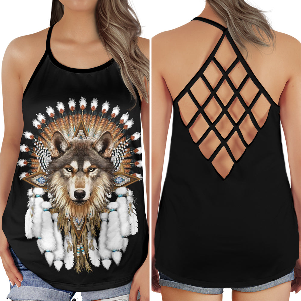 S Native Americans Wolf So Cool - Cross Open Back Tank Top - Owls Matrix LTD
