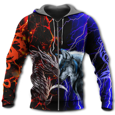Zip Hoodie / S Wolf and dragon red and blue cool and hot - Hoodie - Owls Matrix LTD