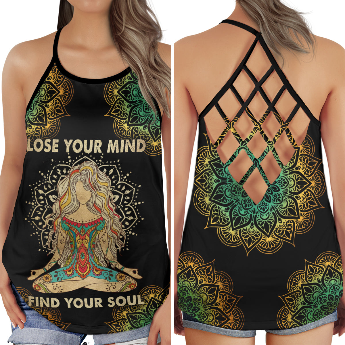 S Yoga Meditation Lose Your Mind - Cross Open Back Tank Top - Owls Matrix LTD