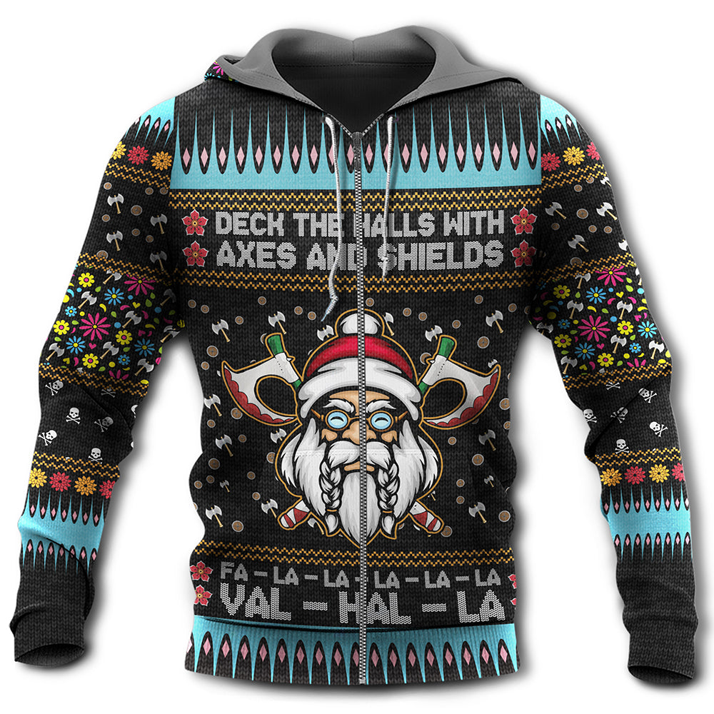 Zip Hoodie / S Viking Christmas Deck The Halls With Axes And Shields - Hoodie - Owls Matrix LTD