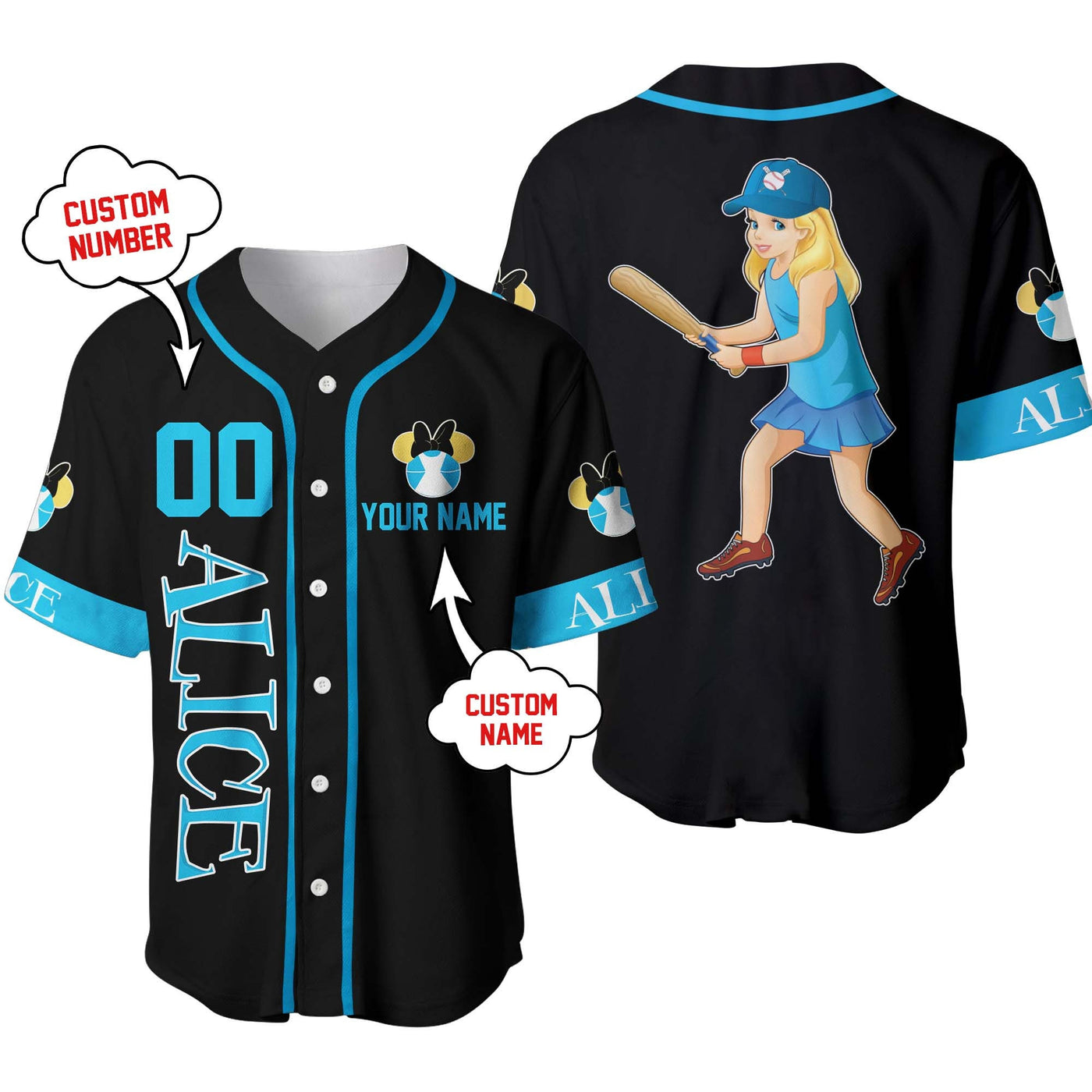 Alice in wonderland Black blue Disney Personalized Unisex Cartoon Custom Baseball Jersey