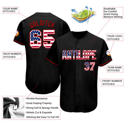 Custom Black USA Flag-Red Authentic Baseball Jersey - Owls Matrix LTD