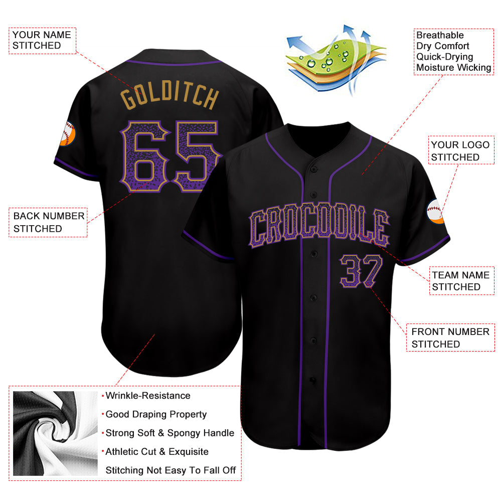 Custom Black Purple-Old Gold Authentic Drift Fashion Baseball Jersey - Owls Matrix LTD