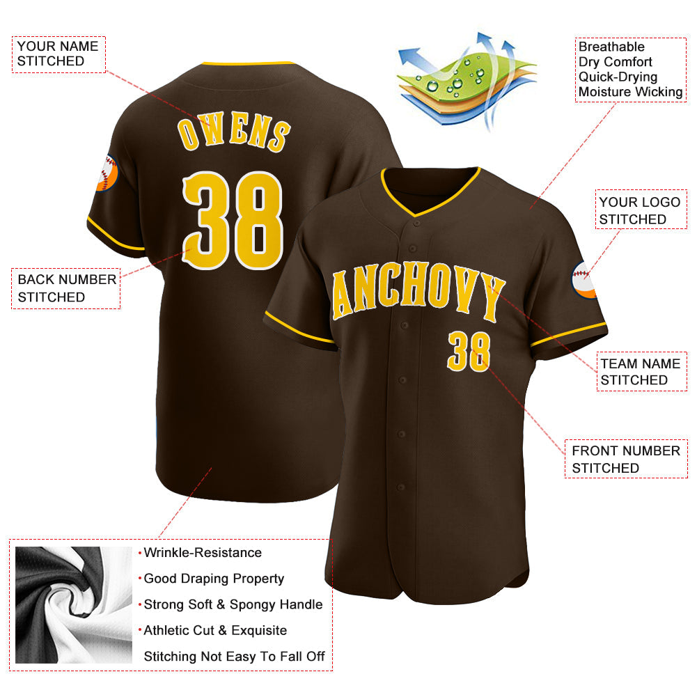 Custom Brown Gold-White Authentic Baseball Jersey - Owls Matrix LTD