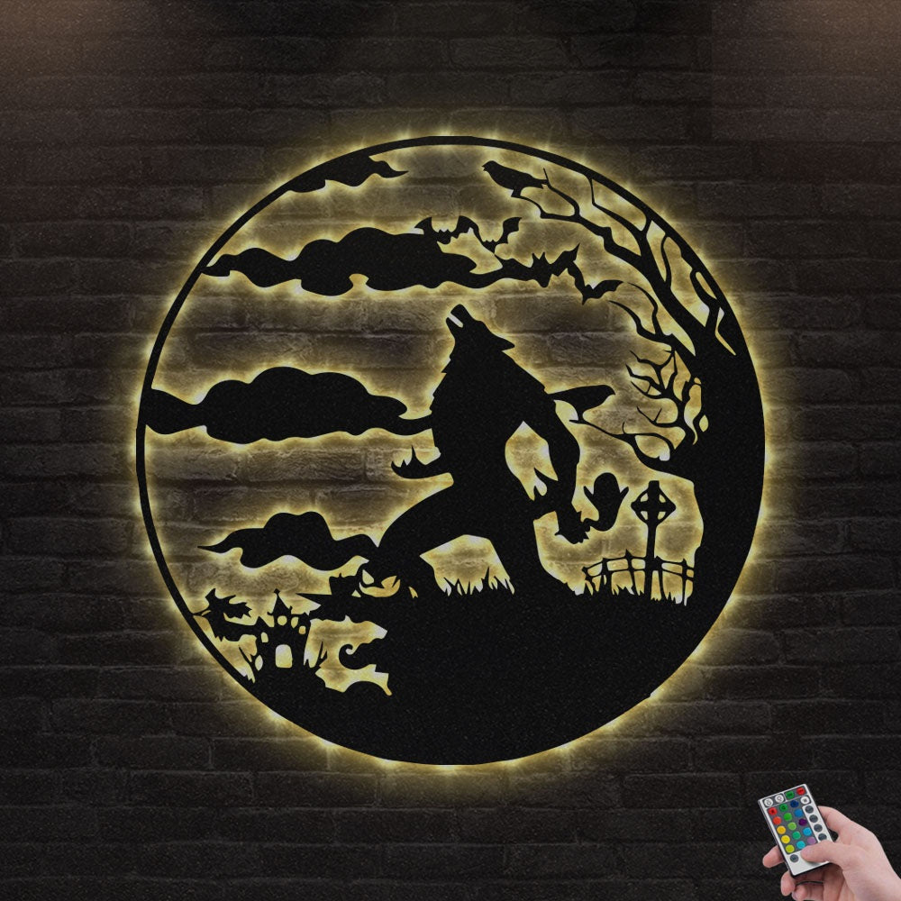 12"x12" Wolf Man Monster Werewolf Full Moon Decoration For Room - Led Light Metal - Owls Matrix LTD