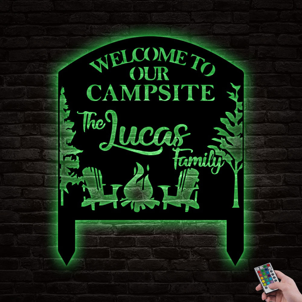 12"x12" Family Welcome To Our Campsite Personalized - Led Light Metal - Owls Matrix LTD