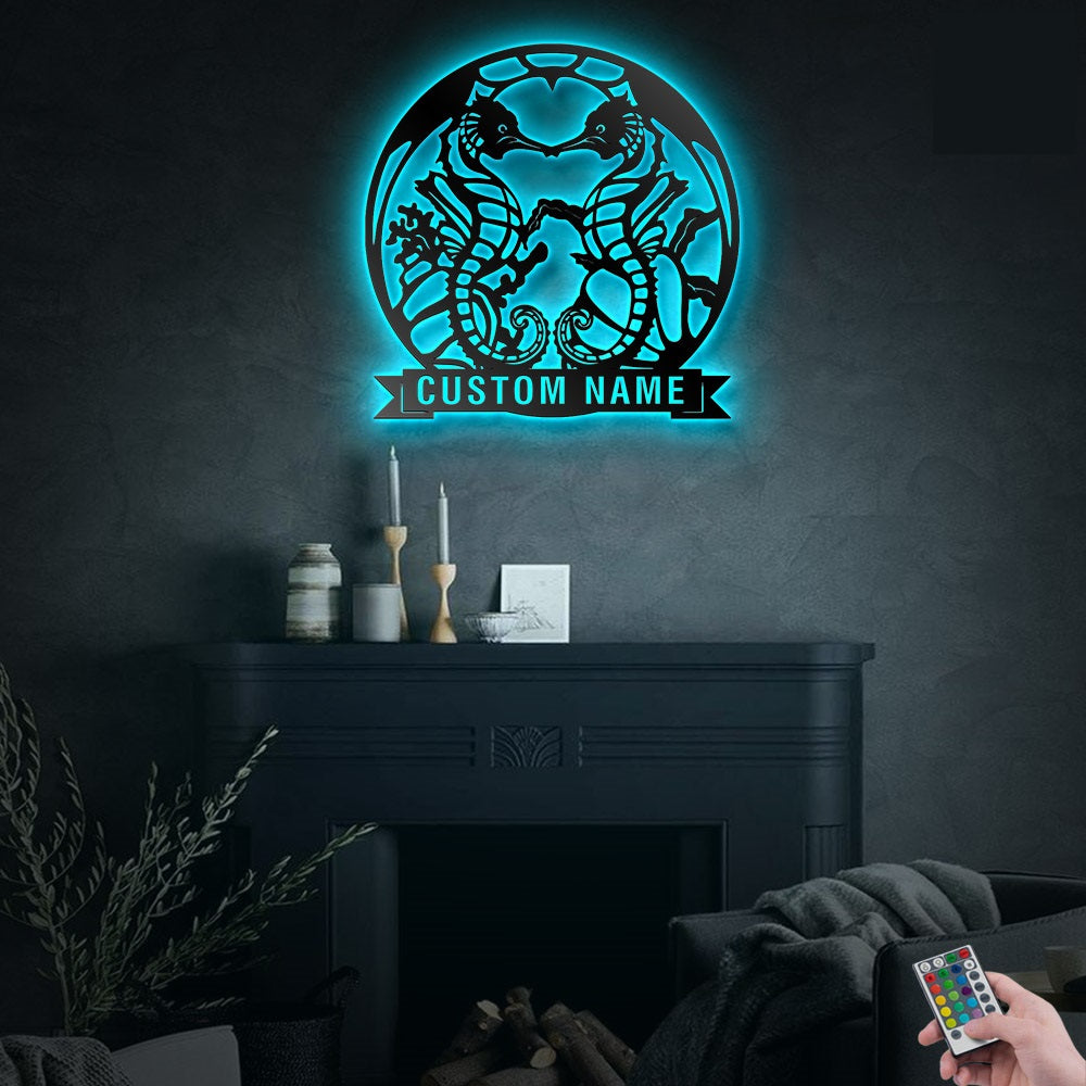 Seahorse Couple Seahorse Kiss Personalized - Led Light Metal - Owls Matrix LTD
