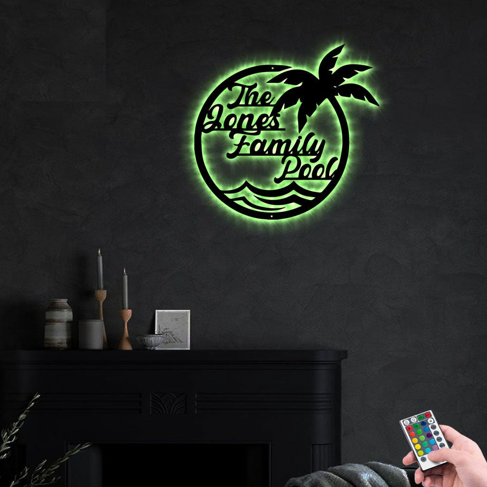 Family Pool Palm Tree Personalized - Led Light Metal - Owls Matrix LTD